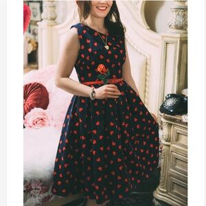 Review Australia Falling in Love Navy with Red Hearts Midi Fit & Flare Dress